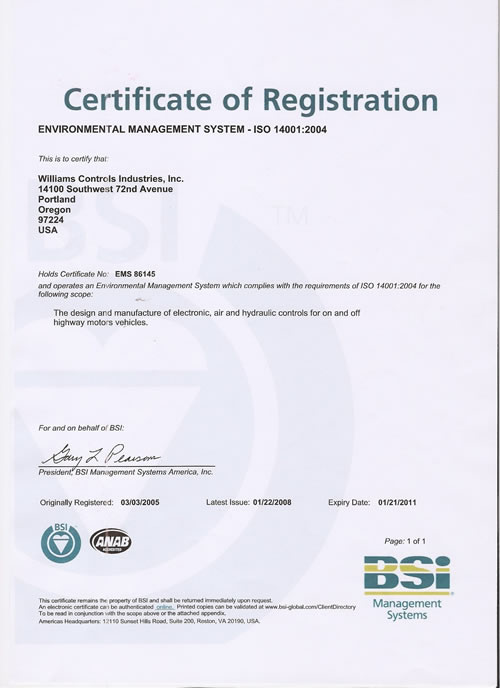 威廉姆斯 ISO 140012004 環境認證