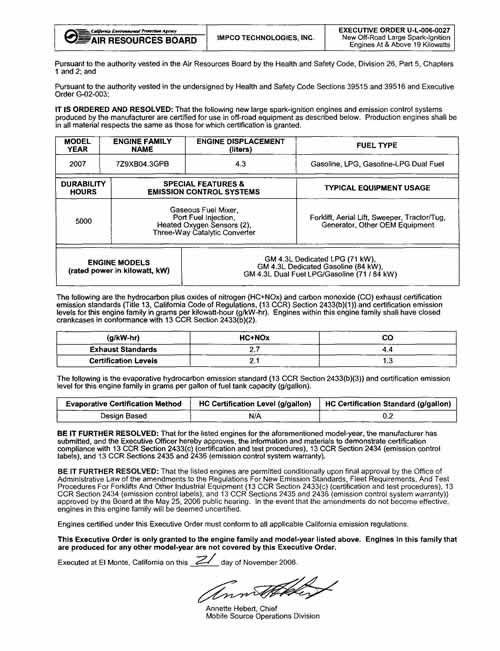 GM4.3L認證型發動機證書